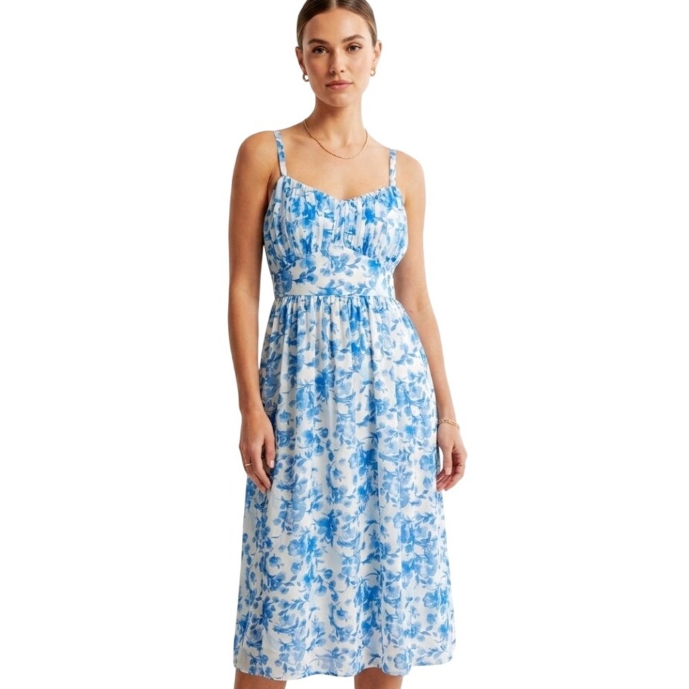 Abercrombie‎ & Fitch Floral Midi Dress Womens XL Blue White Chiffon Cottagecore